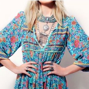 Folk Town Boho Turquoise Maxi DRESS Floral Cotton